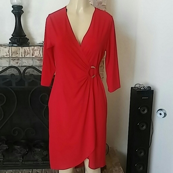red wrap front dress